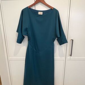 Women's Teal Silk Midi Dress with Draped Elbow Sleeves
